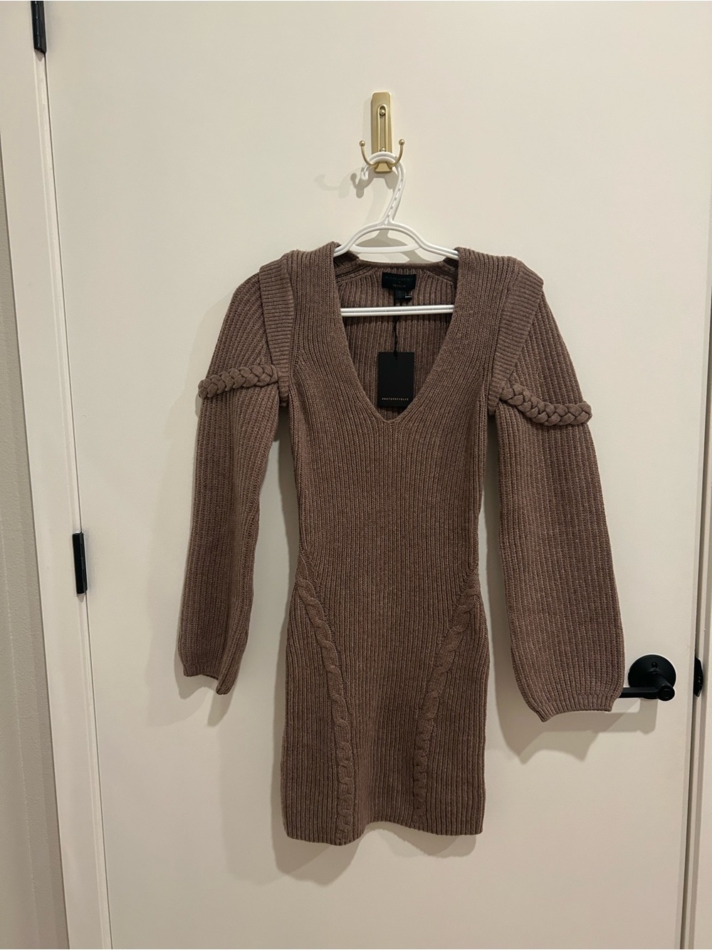 Michael Costello Taupe Ribbed V-Neck Sweater Dress